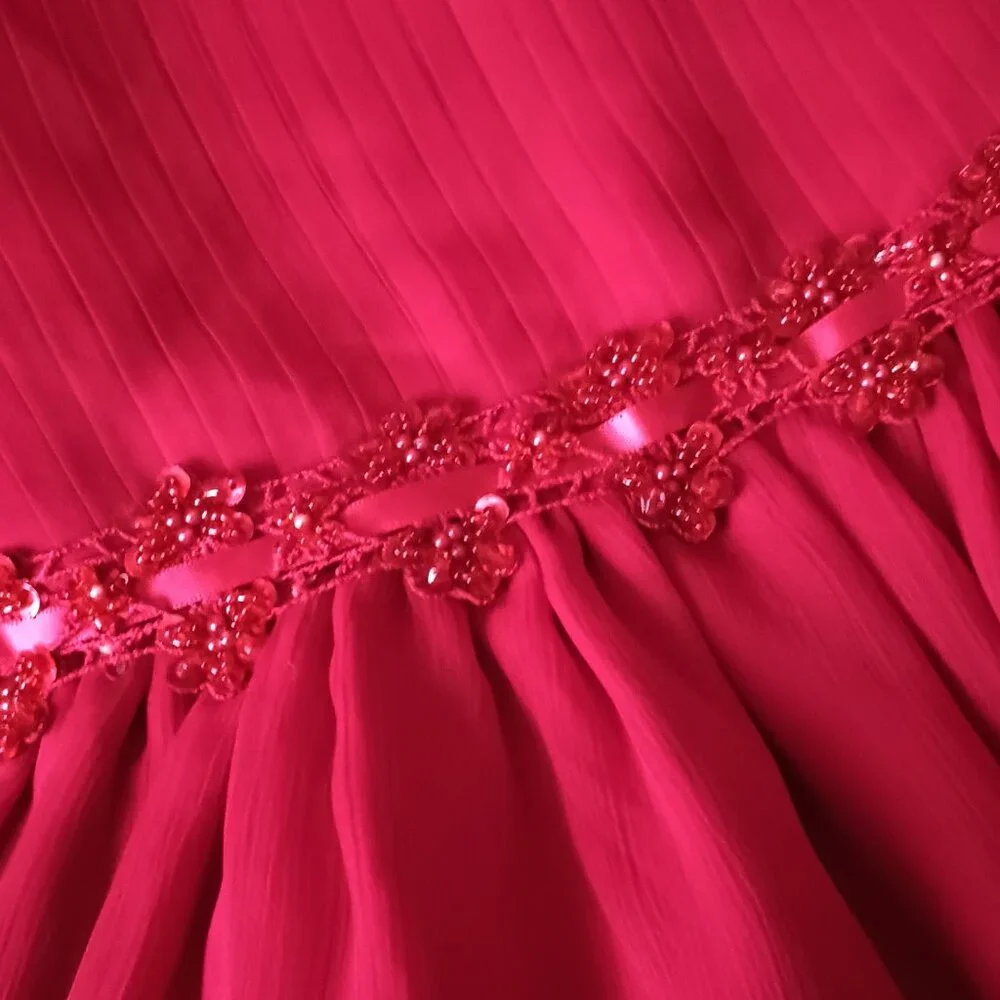American Princess Red Chiffon Dress 5 Pleated with Floral Beaded Waist Christmas